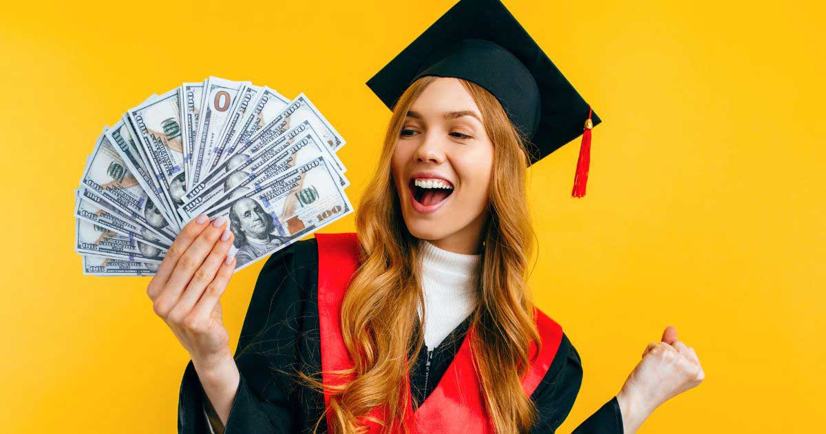 Graduate female students excited with the dollars of scholarships